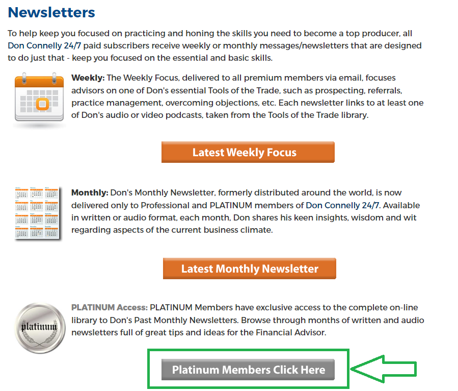 Monthly Newsletter library - button for PLATINUM members